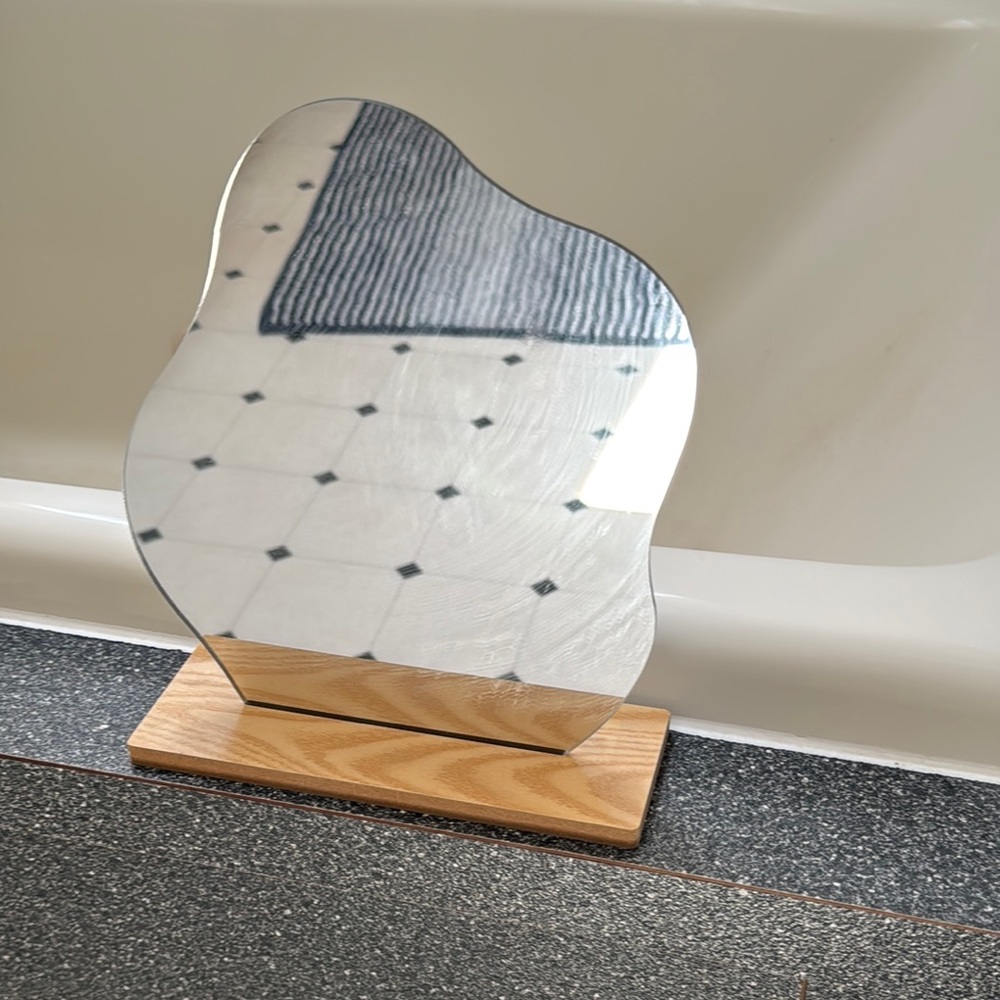 Modern Silver Abstract Mirror with Wooden Base
